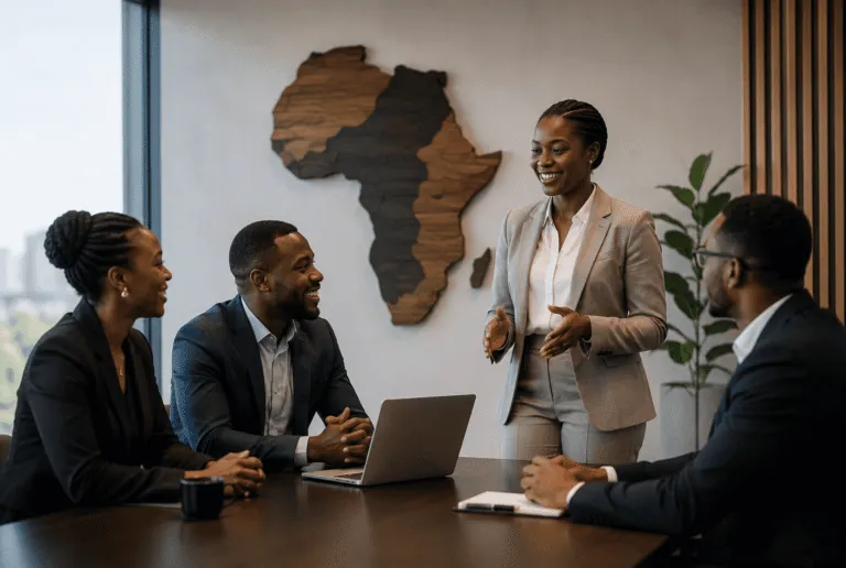 Blueprint team meeting in front of an Africa map