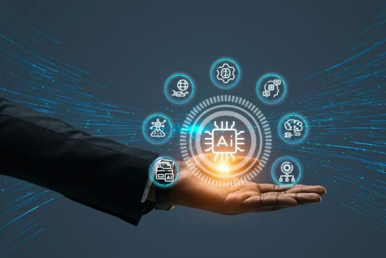 Hand holding glowing AI and digital workflow icons