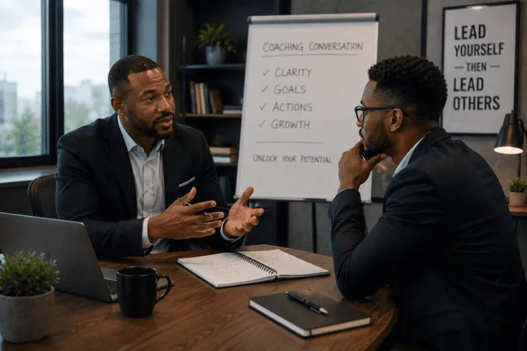 Two professionals in a one-to-one coaching conversation