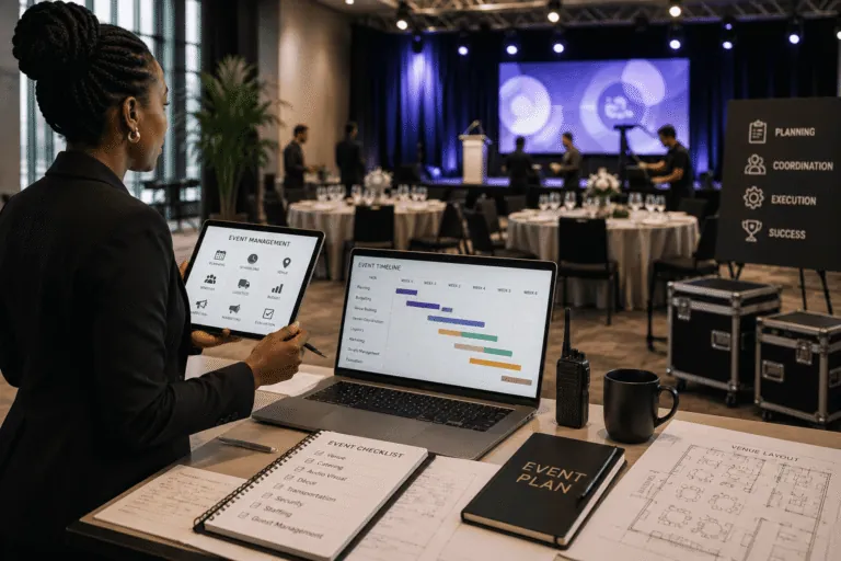 Event planner reviewing a run of show at a corporate event venue