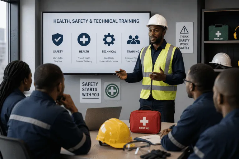 Safety trainer in a hard hat leading a workplace safety session