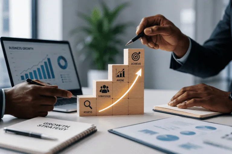 Advisors reviewing a business growth strategy with charts